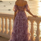 Lavender A Line Off Shoulder Long Prom Dress with 3D Flowers