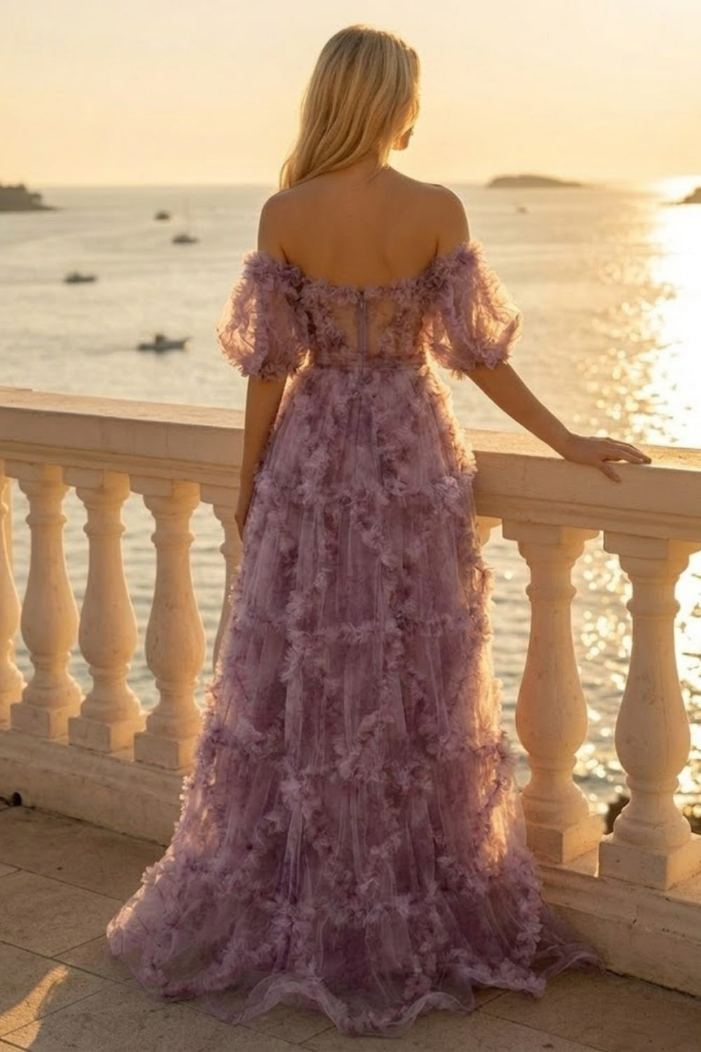 Lavender A Line Off Shoulder Long Prom Dress with 3D Flowers