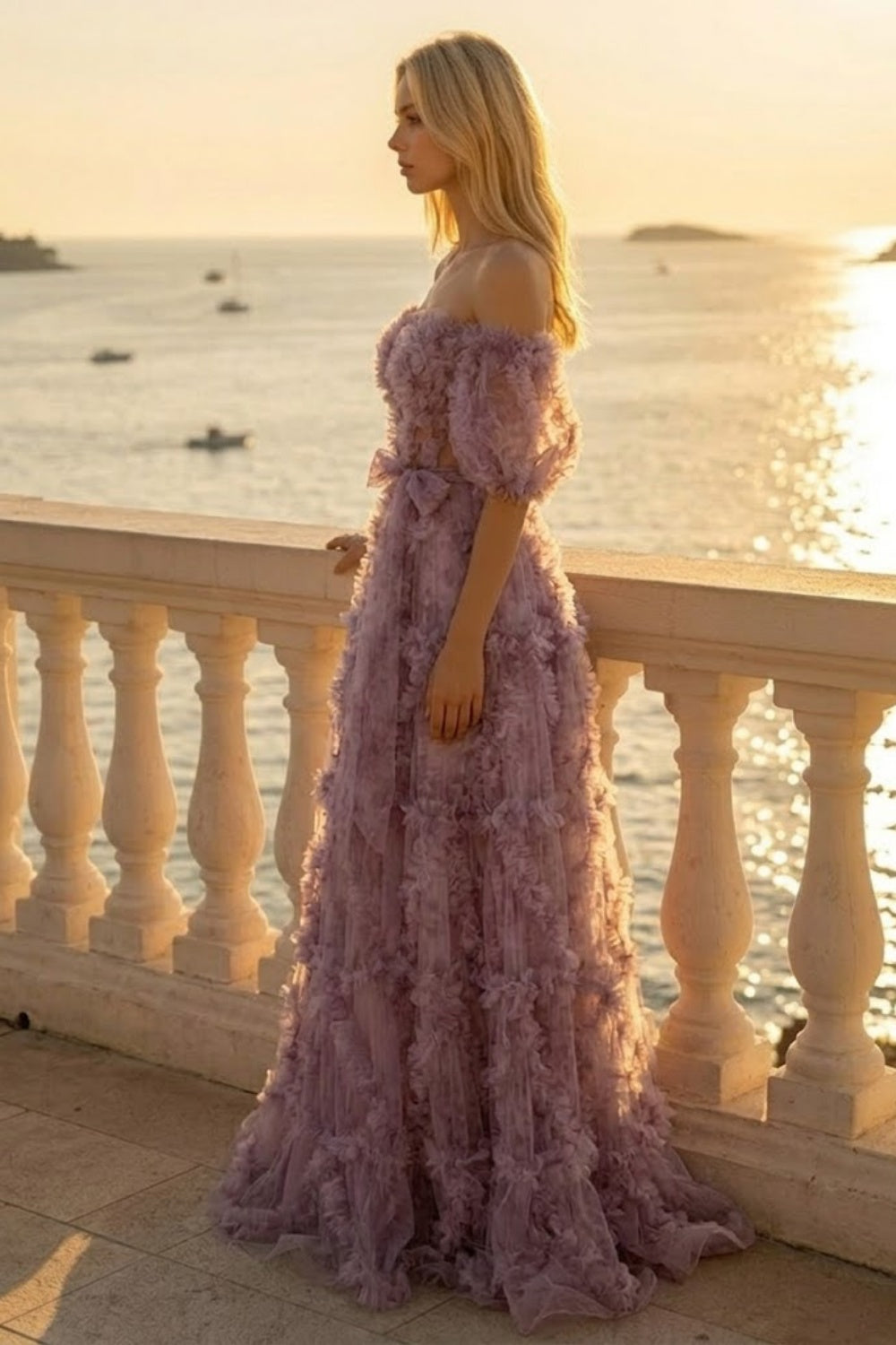 Lavender A Line Off Shoulder Long Prom Dress with 3D Flowers