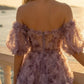 Lavender A Line Off Shoulder Long Prom Dress with 3D Flowers