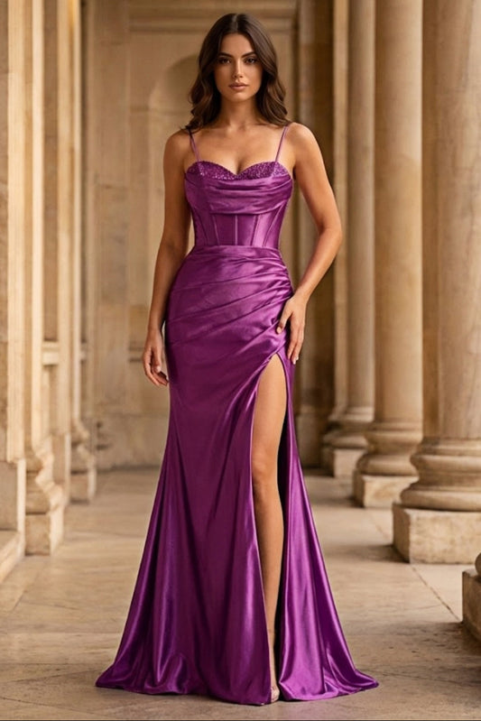 Purple Mermaid Spaghetti Straps Long Prom Dress with Slit