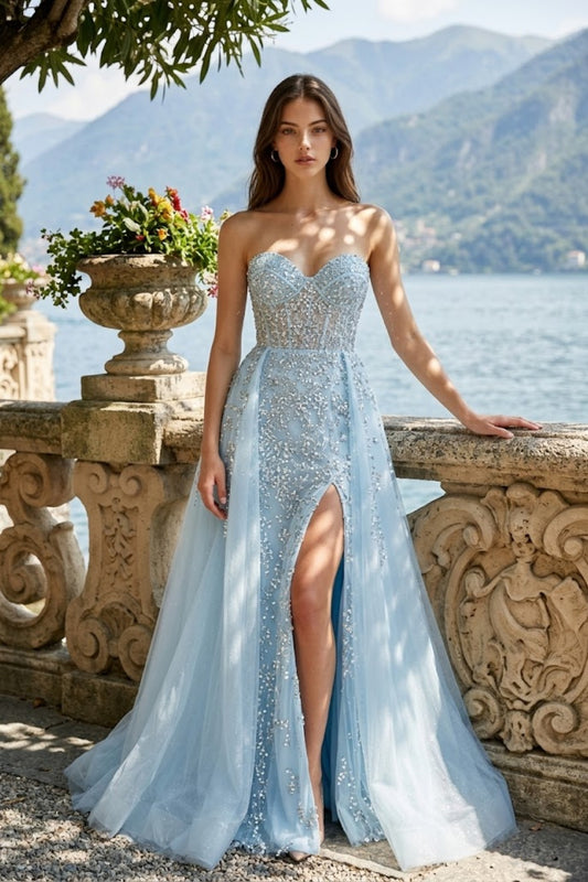 Sparkly Light Blue A Line Strapless Long Prom Dress with Slit