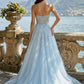 Sparkly Light Blue A Line Strapless Long Prom Dress with Slit