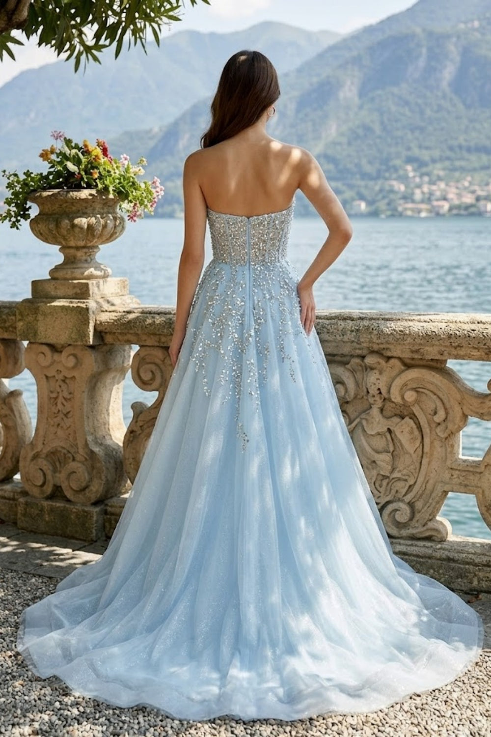Sparkly Light Blue A Line Strapless Long Prom Dress with Slit