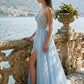 Sparkly Light Blue A Line Strapless Long Prom Dress with Slit