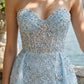 Sparkly Light Blue A Line Strapless Long Prom Dress with Slit