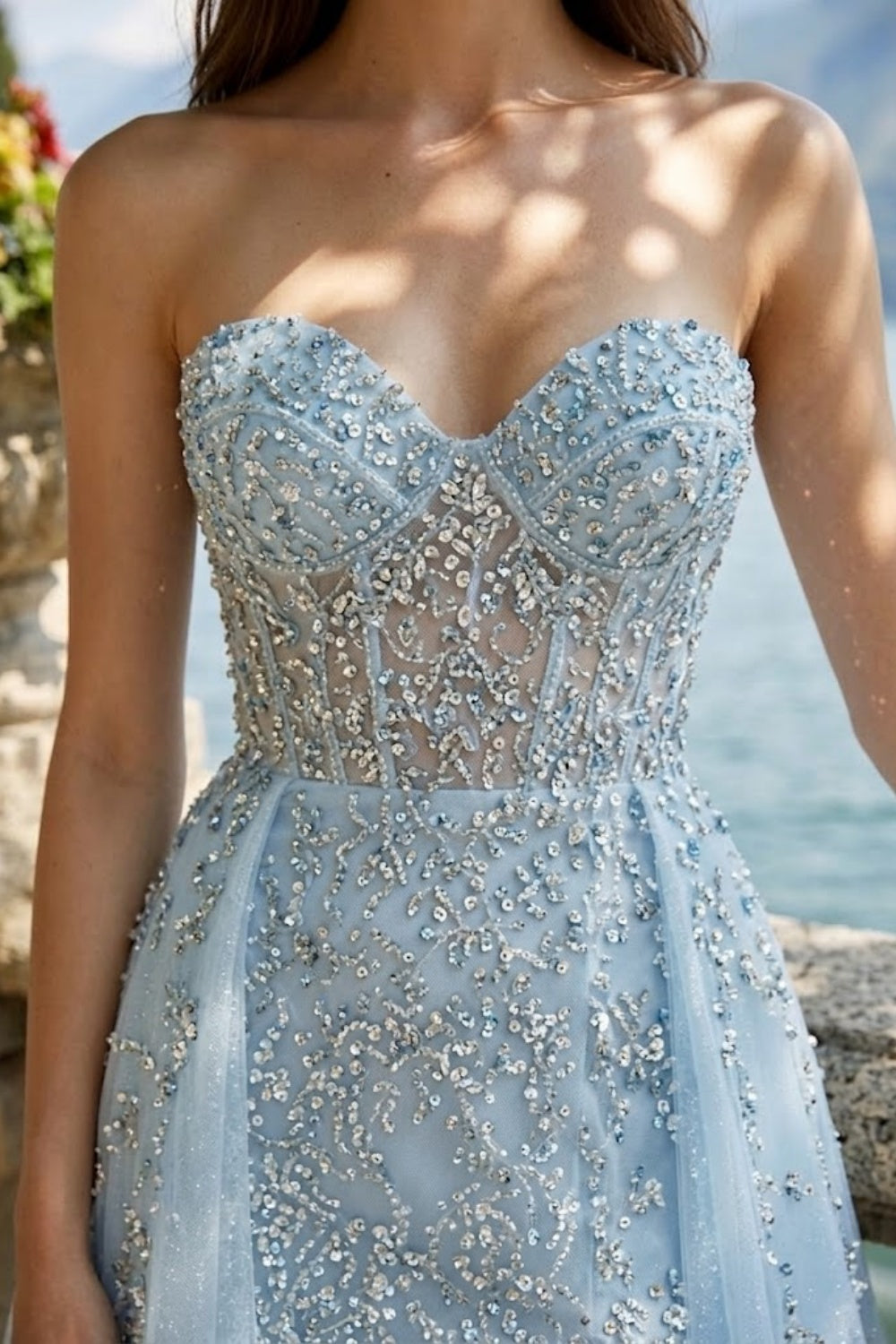 Sparkly Light Blue A Line Strapless Long Prom Dress with Slit