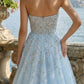 Sparkly Light Blue A Line Strapless Long Prom Dress with Slit