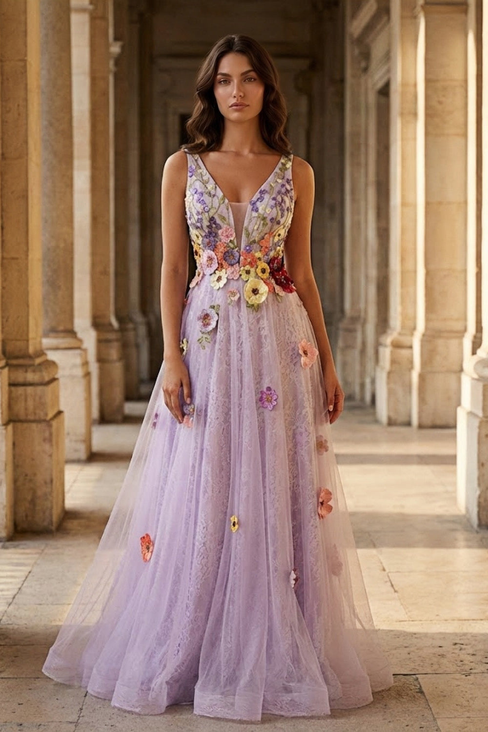 Lavender A Line V Neck Long Prom Dress with 3D Flower