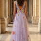 Lavender A Line V Neck Long Prom Dress with 3D Flower
