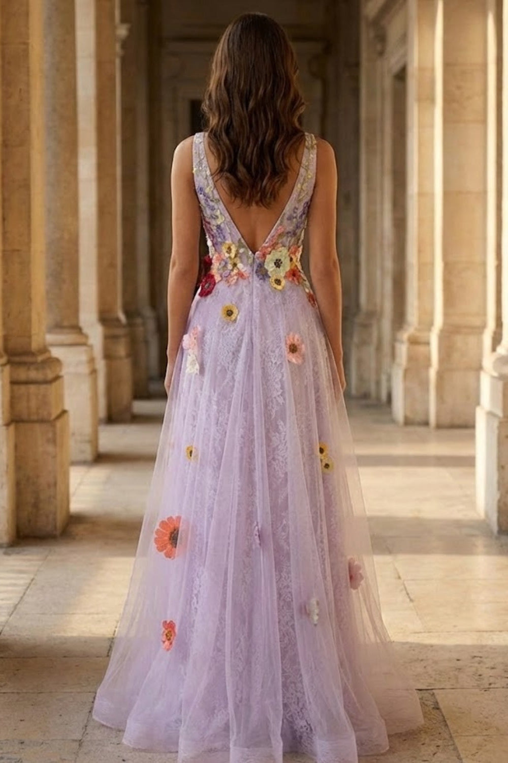 Lavender A Line V Neck Long Prom Dress with 3D Flower