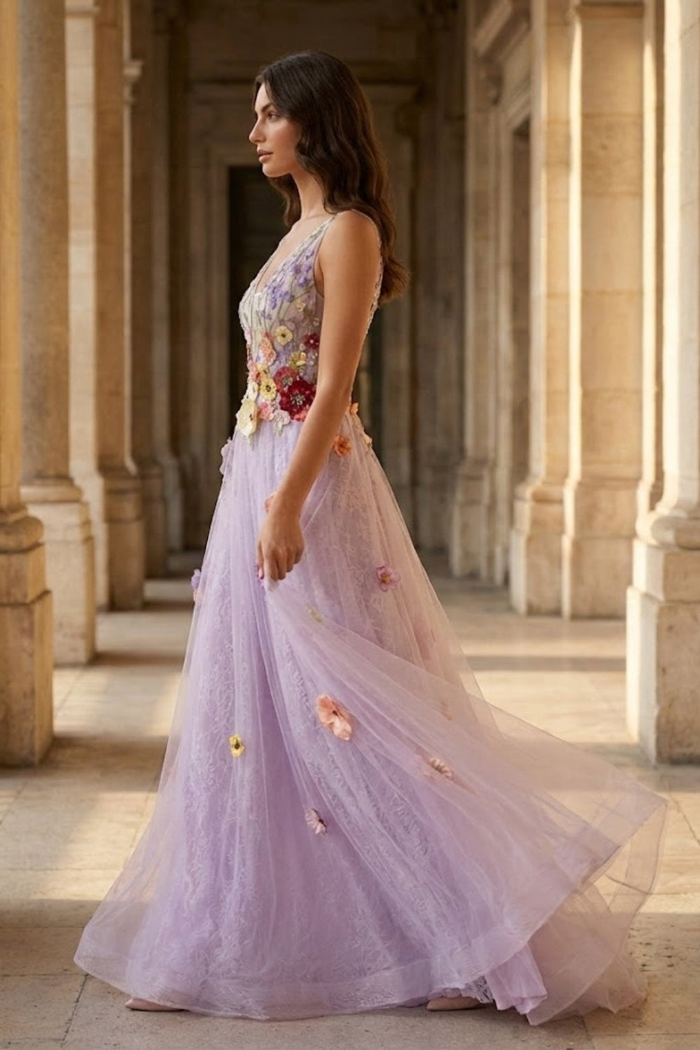 Lavender A Line V Neck Long Prom Dress with 3D Flower
