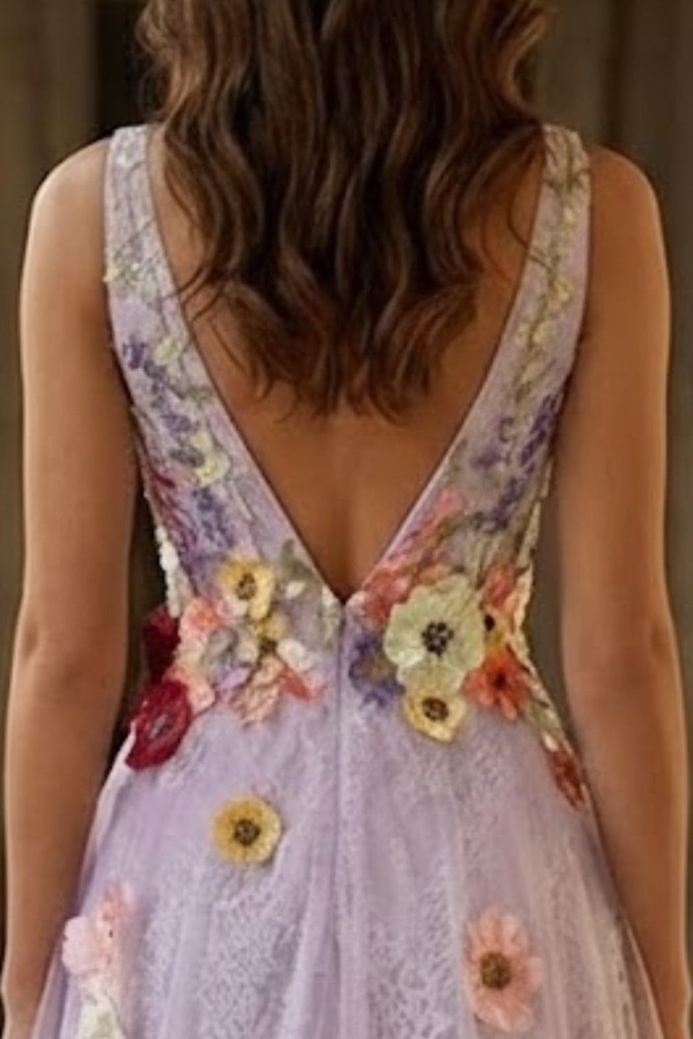 Lavender A Line V Neck Long Prom Dress with 3D Flower