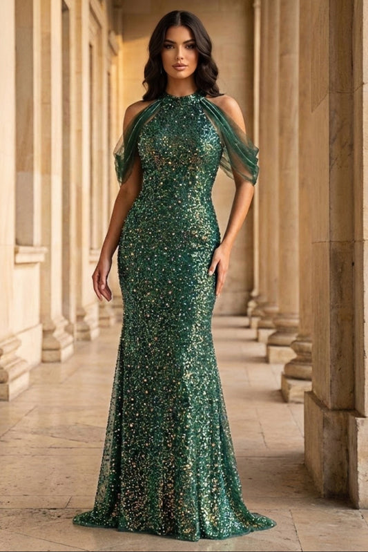 Sparkly Emerald Mermaid High Neck Cold Shoulder Long Prom Dress with Sequins