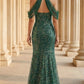 Sparkly Emerald Mermaid High Neck Cold Shoulder Long Prom Dress with Sequins