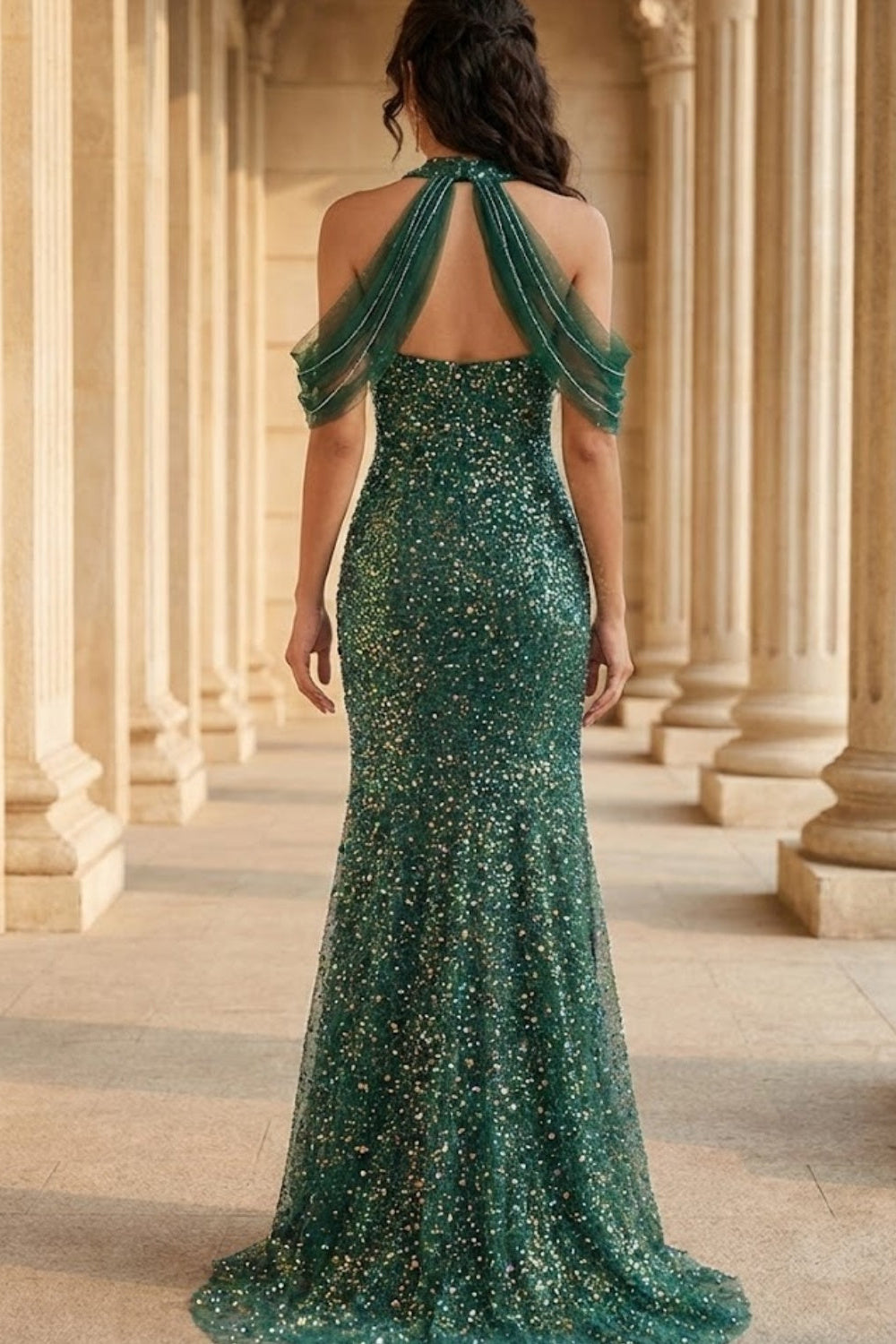 Sparkly Emerald Mermaid High Neck Cold Shoulder Long Prom Dress with Sequins