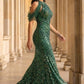Sparkly Emerald Mermaid High Neck Cold Shoulder Long Prom Dress with Sequins