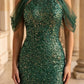 Sparkly Emerald Mermaid High Neck Cold Shoulder Long Prom Dress with Sequins