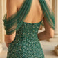 Sparkly Emerald Mermaid High Neck Cold Shoulder Long Prom Dress with Sequins