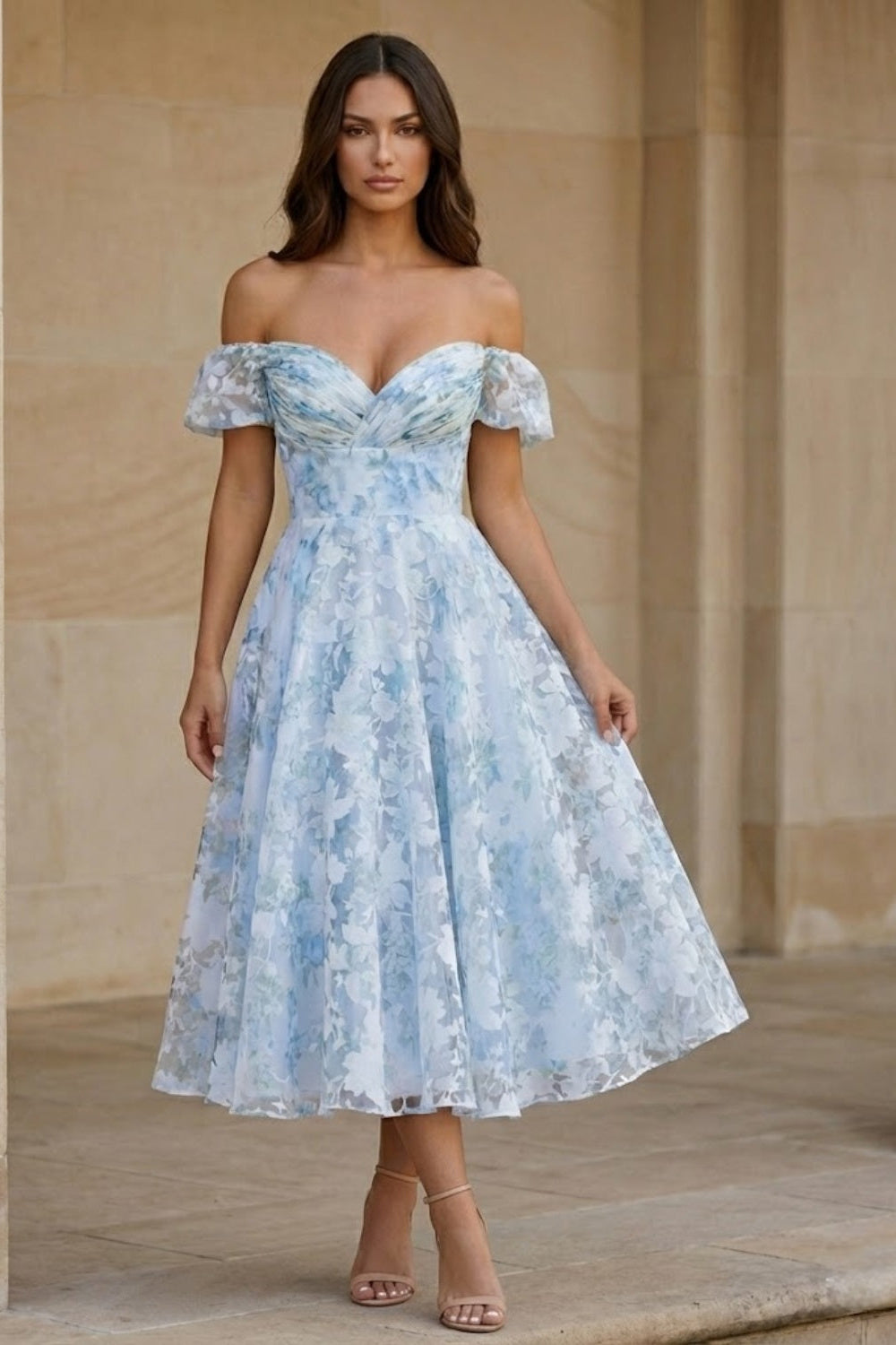 Light Blue A Line Off Shoulder Tea Length Prom Dress with Floral Print