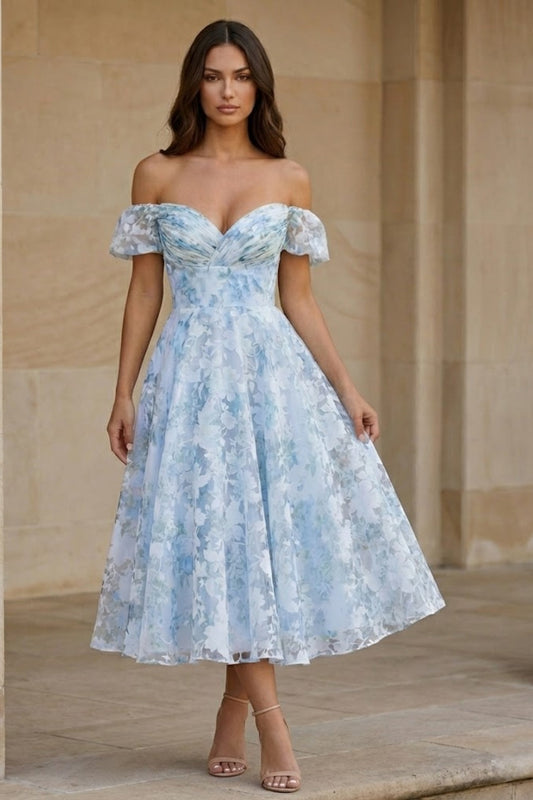 Light Blue A Line Off Shoulder Tea Length Prom Dress with Floral Print