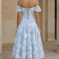 Light Blue A Line Off Shoulder Tea Length Prom Dress with Floral Print