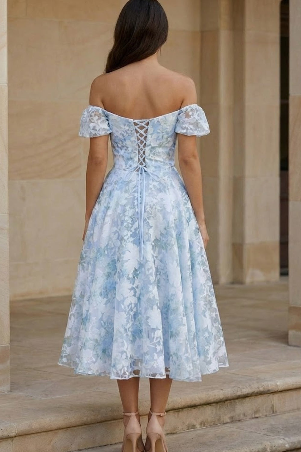 Light Blue A Line Off Shoulder Tea Length Prom Dress with Floral Print