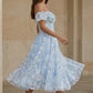 Light Blue A Line Off Shoulder Tea Length Prom Dress with Floral Print