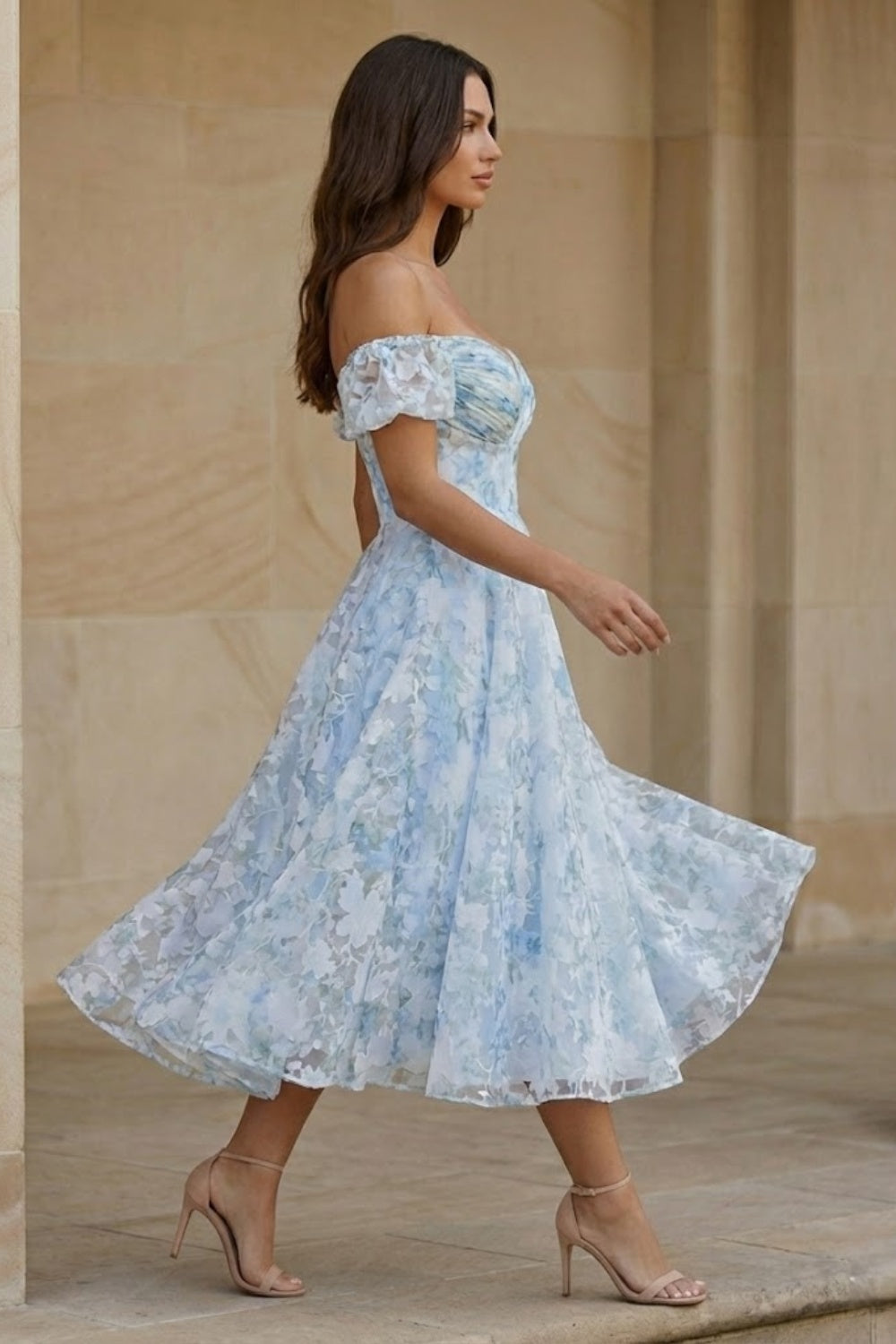 Light Blue A Line Off Shoulder Tea Length Prom Dress with Floral Print