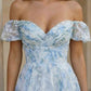 Light Blue A Line Off Shoulder Tea Length Prom Dress with Floral Print
