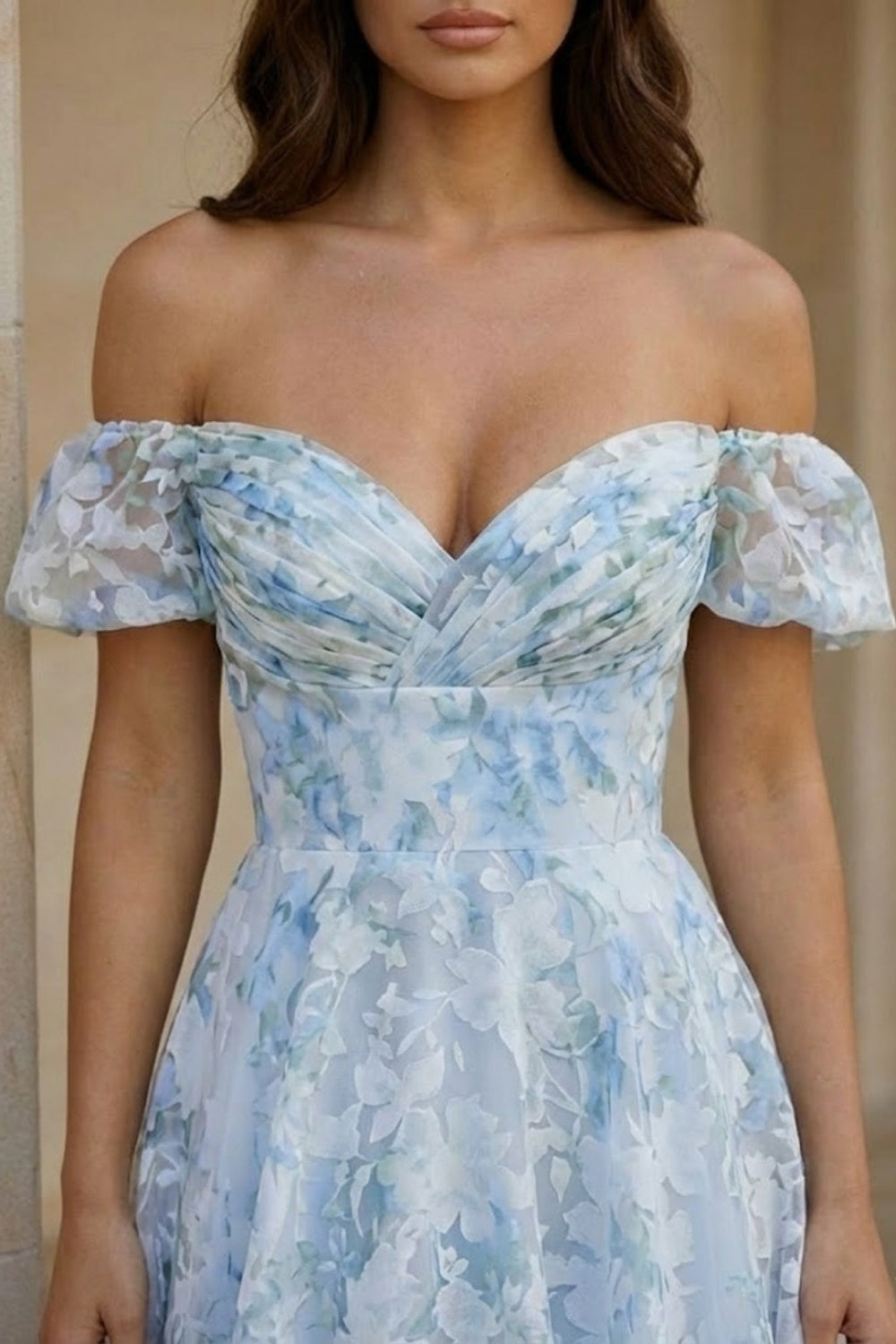 Light Blue A Line Off Shoulder Tea Length Prom Dress with Floral Print