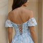 Light Blue A Line Off Shoulder Tea Length Prom Dress with Floral Print