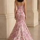 Pink Floral Mermaid Strapless Long Bow Prom Dress with Slit