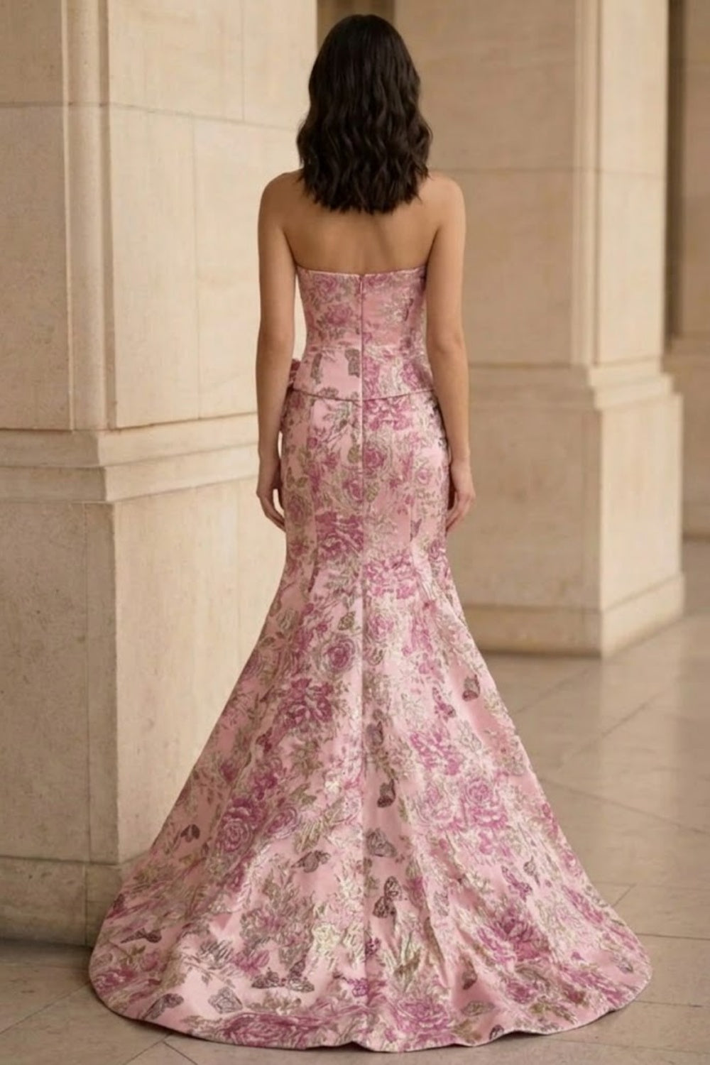 Pink Floral Mermaid Strapless Long Bow Prom Dress with Slit