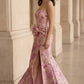 Pink Floral Mermaid Strapless Long Bow Prom Dress with Slit