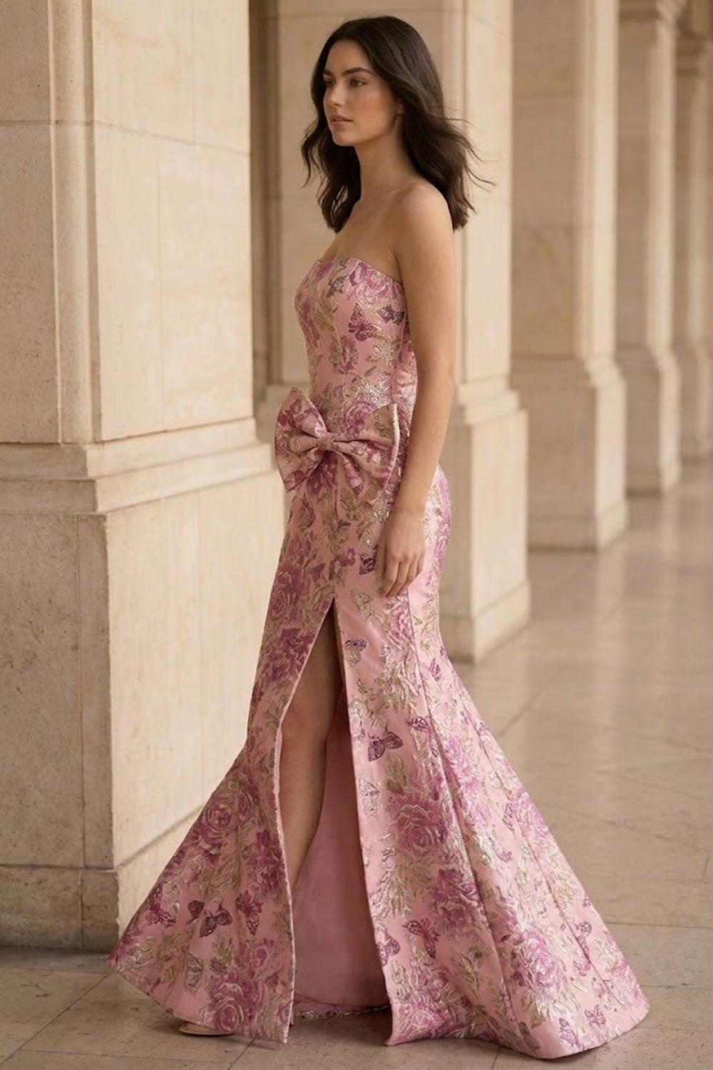 Pink Floral Mermaid Strapless Long Bow Prom Dress with Slit