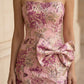 Pink Floral Mermaid Strapless Long Bow Prom Dress with Slit