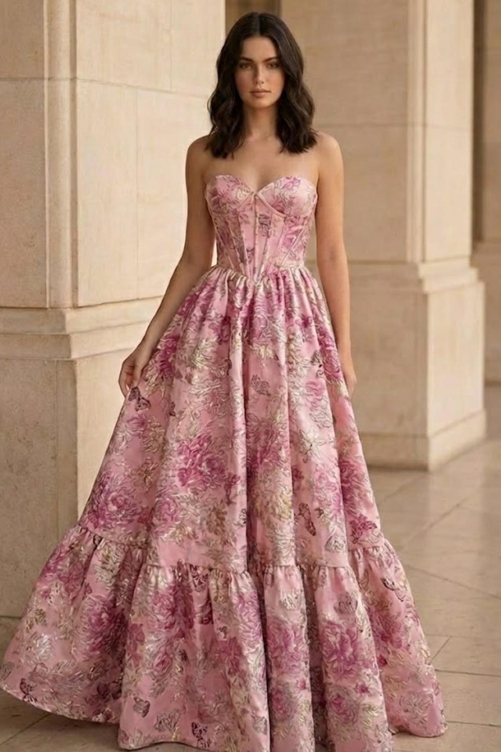 Pink Floral A Line Sweetheart Neck Long Prom Dress with Ruffles