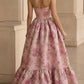 Pink Floral A Line Sweetheart Neck Long Prom Dress with Ruffles