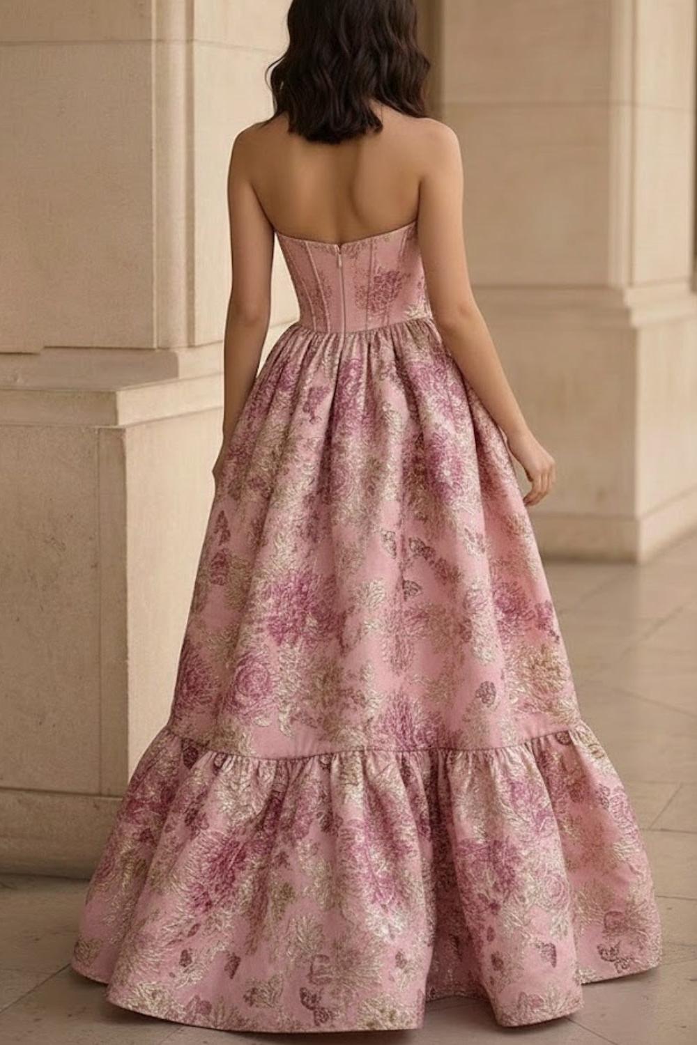 Pink Floral A Line Sweetheart Neck Long Prom Dress with Ruffles