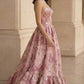 Pink Floral A Line Sweetheart Neck Long Prom Dress with Ruffles