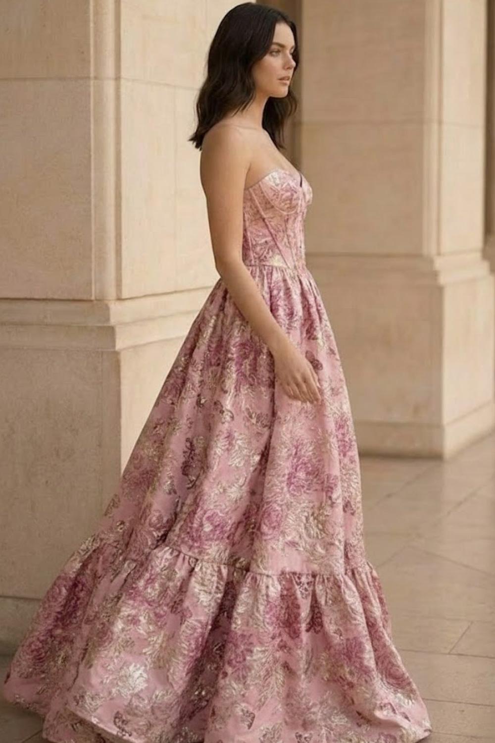Pink Floral A Line Sweetheart Neck Long Prom Dress with Ruffles