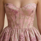 Pink Floral A Line Sweetheart Neck Long Prom Dress with Ruffles