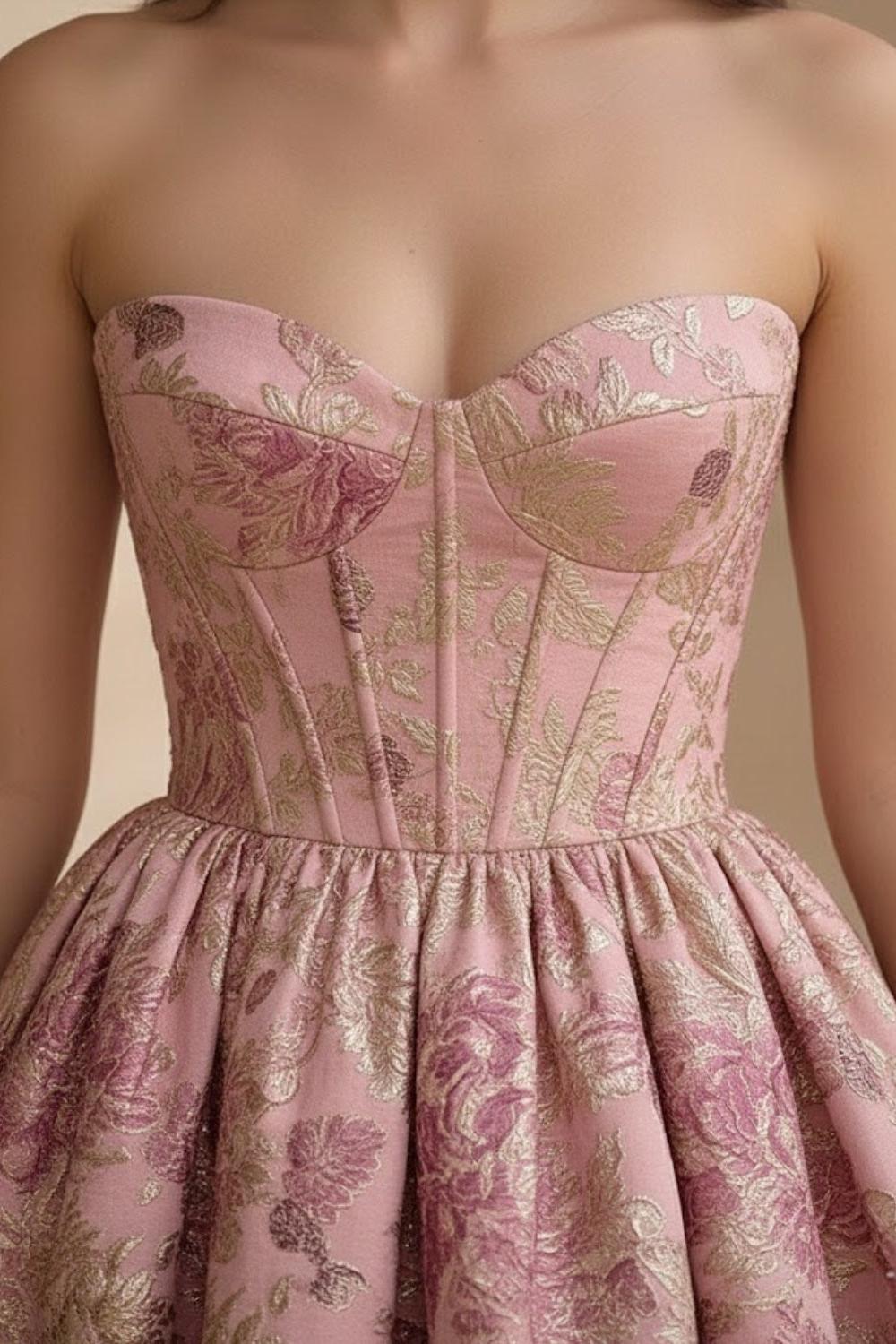 Pink Floral A Line Sweetheart Neck Long Prom Dress with Ruffles