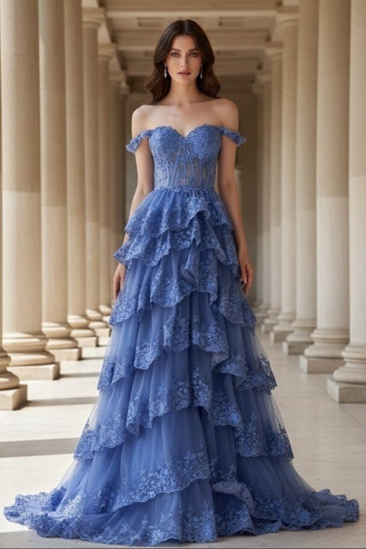 Blue A Line Off Shoulder Long Corset Prom Dress with Ruffles