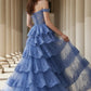 Blue A Line Off Shoulder Long Corset Prom Dress with Ruffles