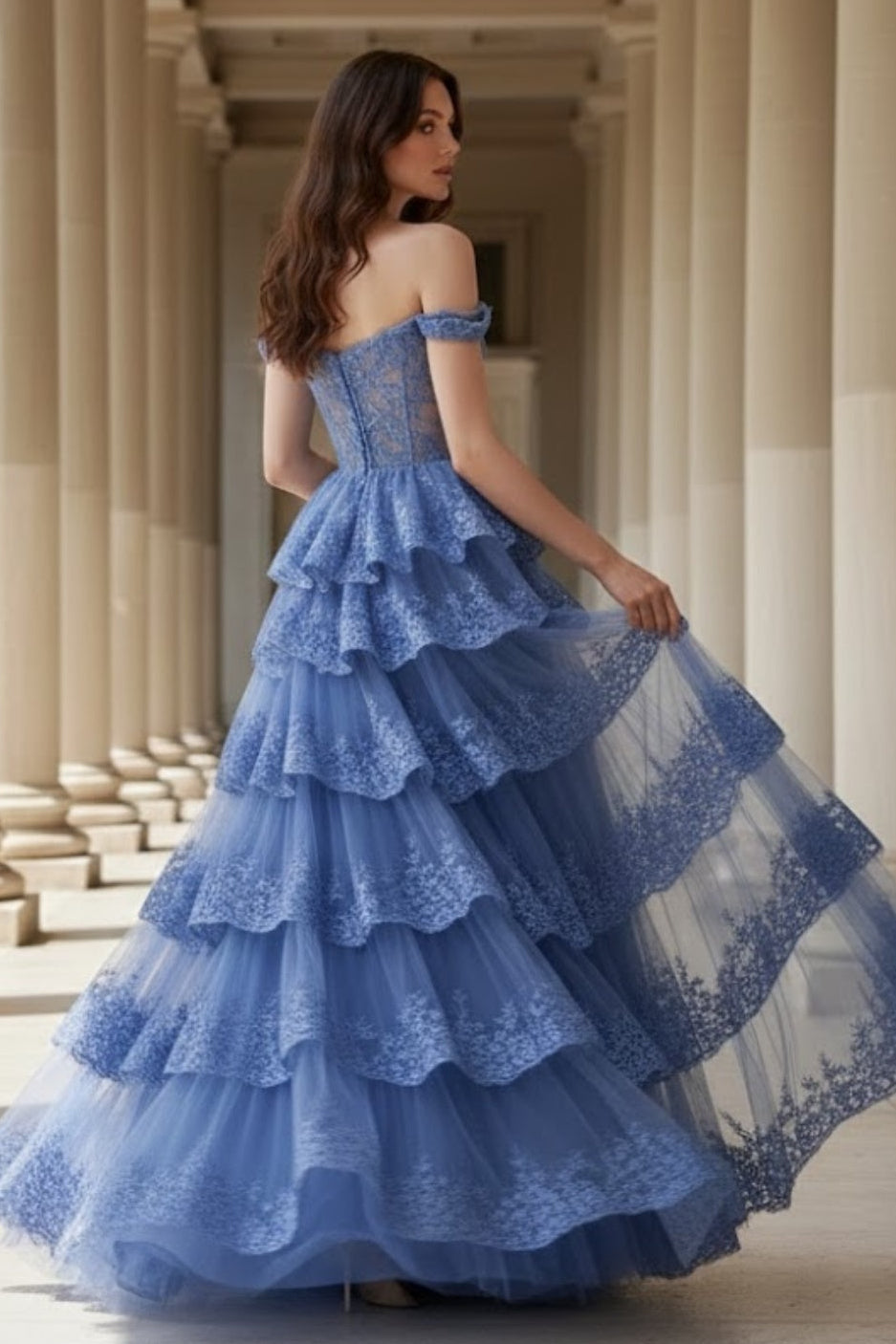 Blue A Line Off Shoulder Long Corset Prom Dress with Ruffles