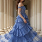 Blue A Line Off Shoulder Long Corset Prom Dress with Ruffles