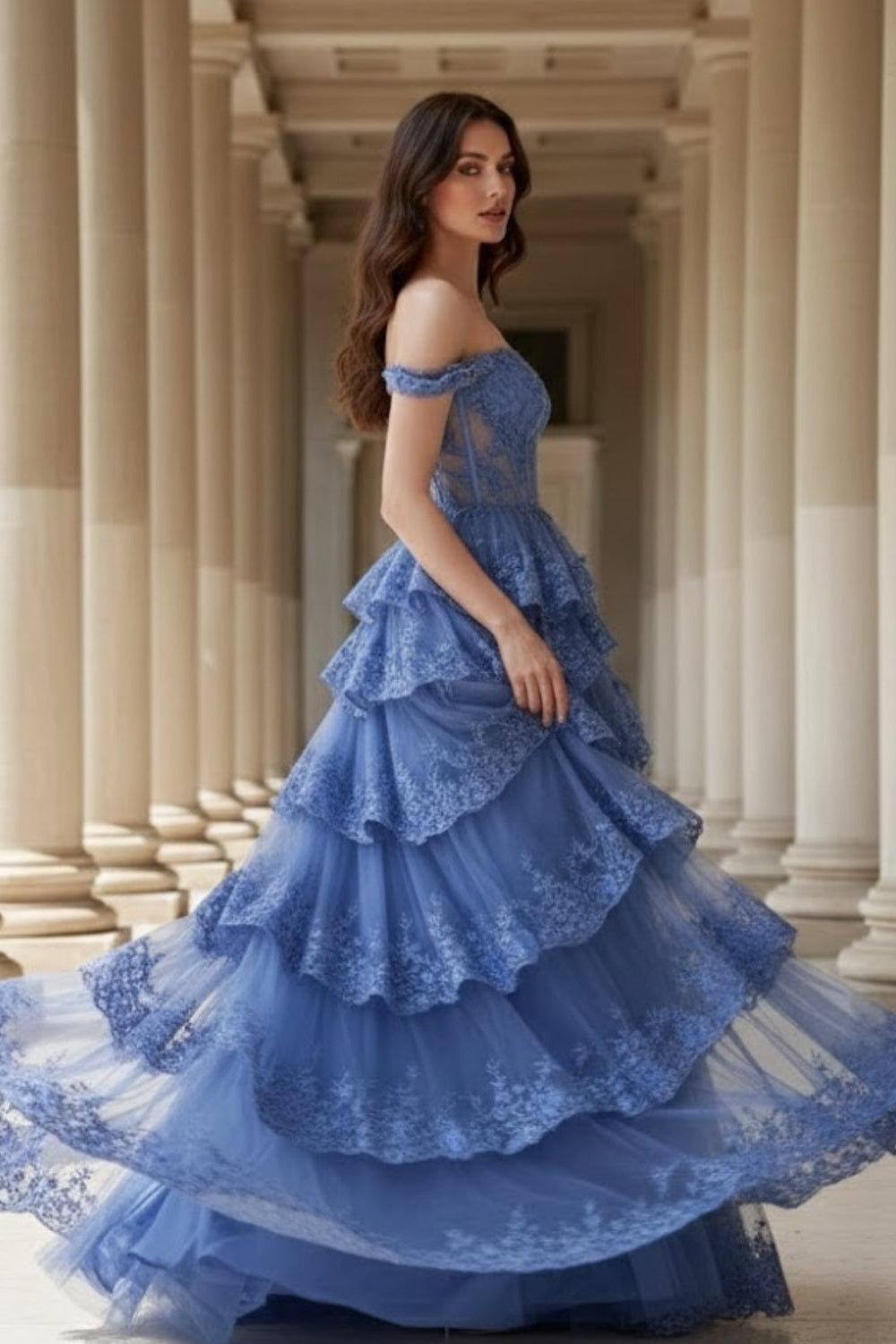 Blue A Line Off Shoulder Long Corset Prom Dress with Ruffles
