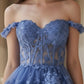 Blue A Line Off Shoulder Long Corset Prom Dress with Ruffles